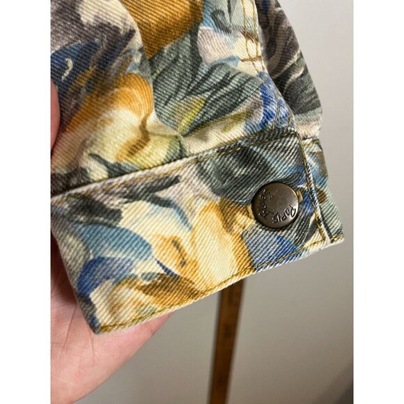 Retro Floral Crop Denim Jacket L Tan Tropical Preppy Chic Cottagecore 80s Artsy - Picture 8 of 11